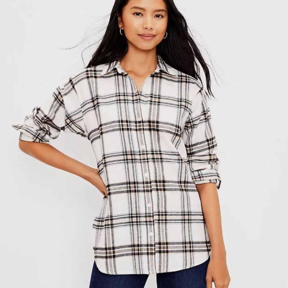 LOFT White Plaid Flannel Button Down Tunic Shirt 100% Cotton Size S